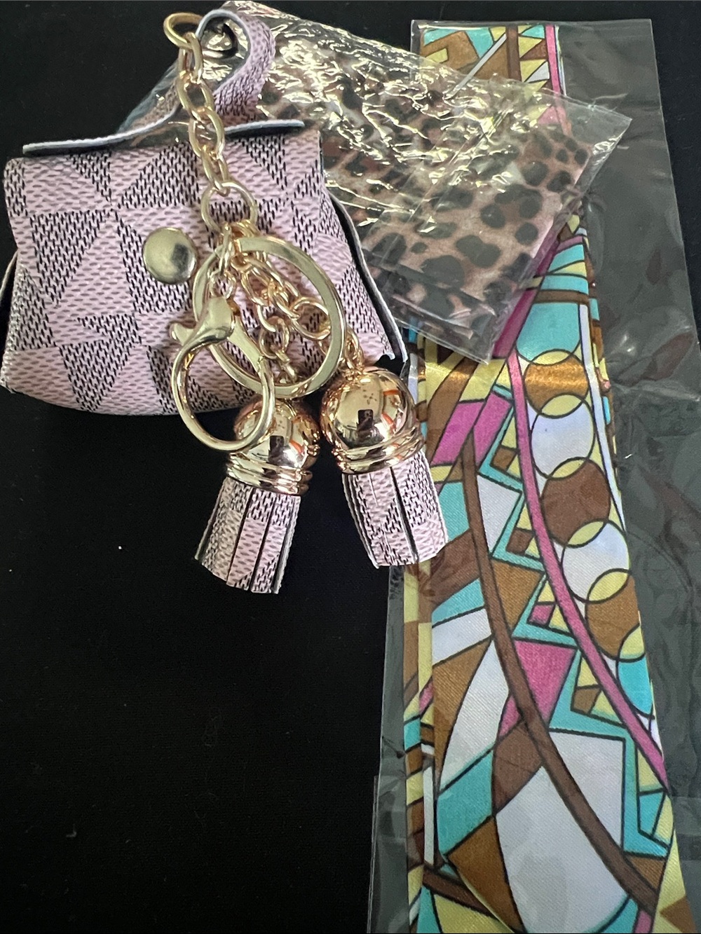 Pink Mini Purse Keychain with Tassels and Patterned Scarf BUNDLE